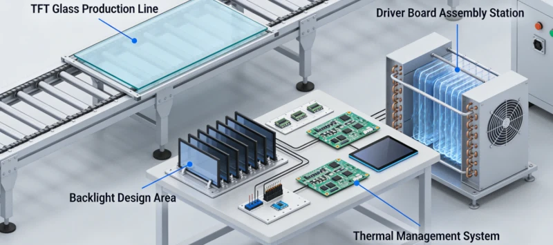 Module-level LCD integrator facility in Xiamen, showing TFT glass, backlight design, driver board configuration, and thermal management processes Module-level LCD integrator facility in Xiamen, showing TFT glass, backlight design, driver board configuration, and thermal management processes