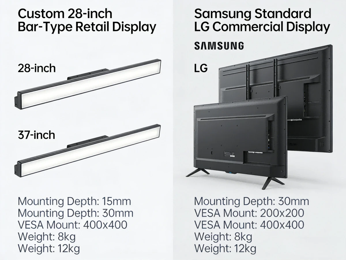 Custom 28-inch and 37-inch bar-type retail displays compared to standard Samsung or LG commercial displays for specific mounting constraints Custom 28-inch and 37-inch bar-type retail displays compared to standard Samsung or LG commercial displays for specific mounting constraints
