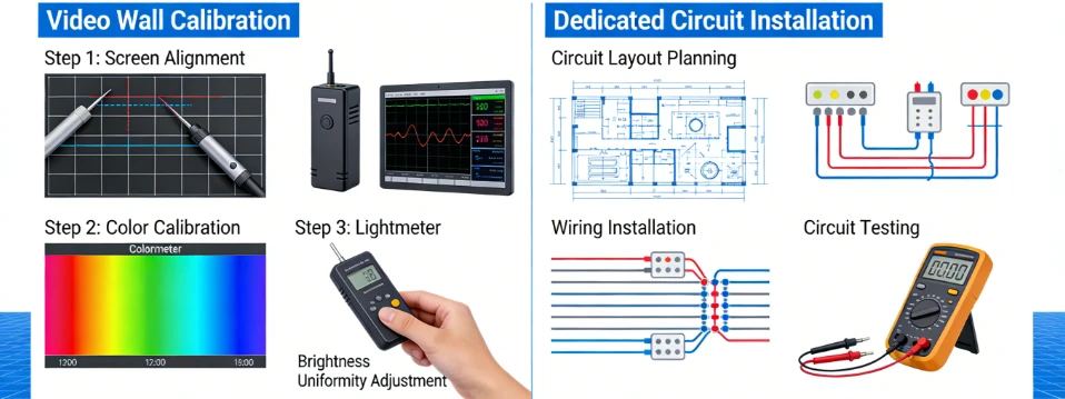 Multi-screen video wall calibration and dedicated circuit electrical installation for reliable retail digital signage deployment Multi-screen video wall calibration and dedicated circuit electrical installation for reliable retail digital signage deployment