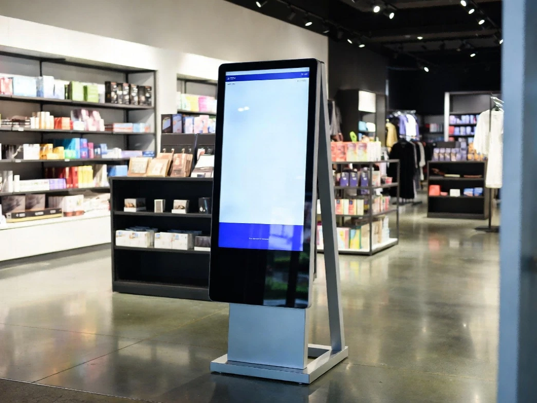 Retail store layout showing optimal placement of an interactive touchscreen kiosk to maximize customer adoption rates and foot traffic engagement. Retail store layout showing optimal placement of an interactive touchscreen kiosk to maximize customer adoption rates and foot traffic engagement.