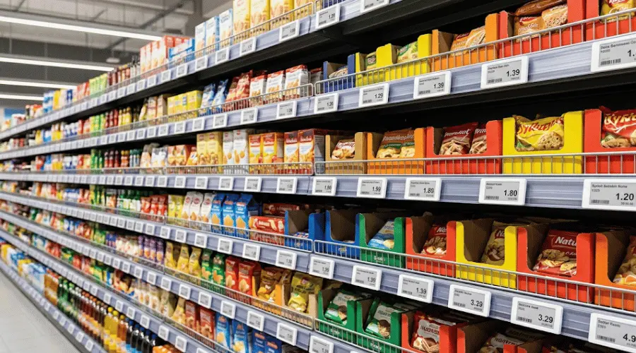 Electronic shelf labels displayed on supermarket shelves in a modern retail store