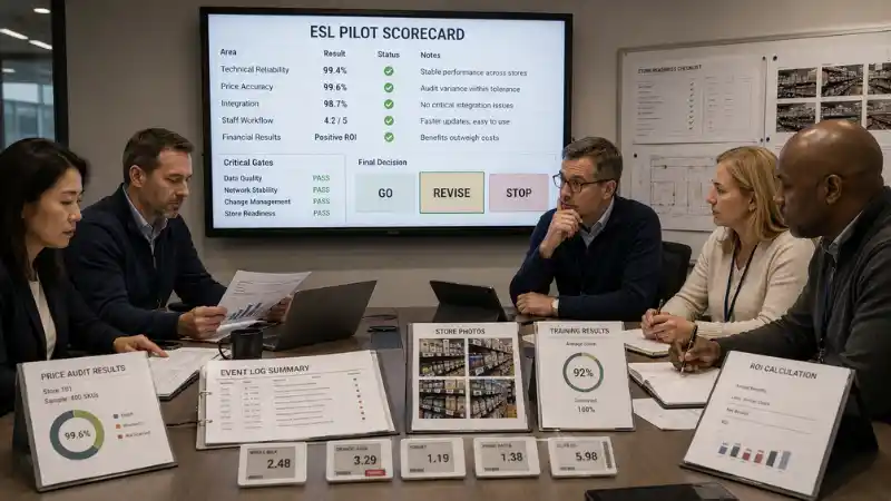 Retail project team making a go revise or stop decision after an electronic shelf label pilot